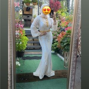 SHEIN White and Gold Long Sleeve Dress